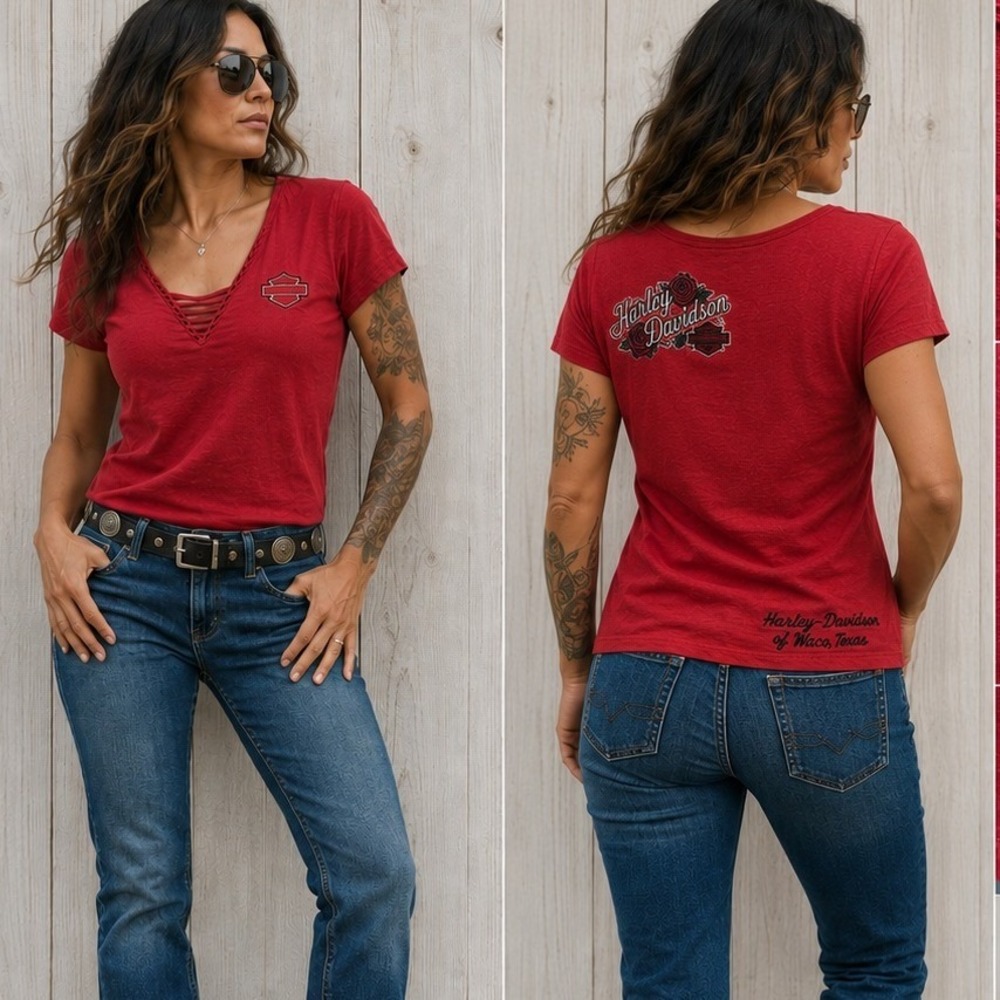 Harley Davidson Waco Texas Red Strappy V-Neck Graphic Tee Womens 1X